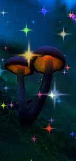 Glowing mushrooms in a dark, enchanted forest setting for mobile wallpaper.