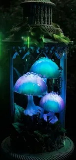 Magical glowing mushrooms inside a rustic lantern, creating a mystical ambiance.