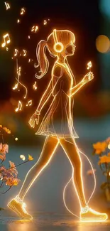 Neon girl walking with headphones in glowing art.
