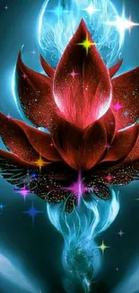 A glowing mystical red lotus on a blue background.