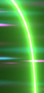 Glowing neon abstract wallpaper with green and pink lines.