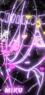 Neon anime wallpaper with broken glass effect and glowing colors.