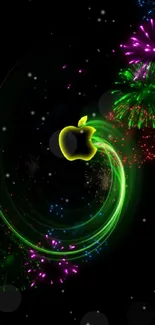 Glowing neon Apple logo with swirling green effect on black background.