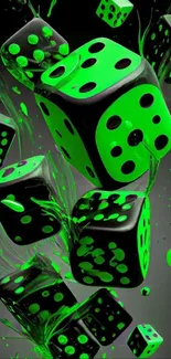 Neon green and black dice floating in a striking artistic display.