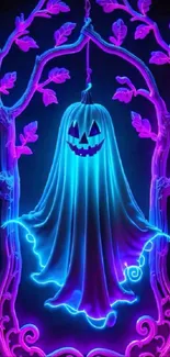 Neon ghost hanging within glowing purple branches.