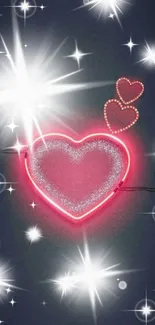 Glowing neon heart with sparkly stars on a dark background.