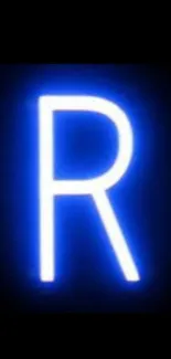 Blue neon letter 'R' glowing on a black background.