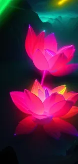 Vibrant neon lotus flowers with glowing pink and green hues on a dark background.