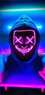 Hooded figure with a glowing neon mask in vibrant blues and pinks.