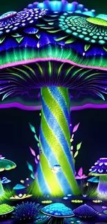 Vibrant neon mushroom digital art wallpaper with glowing colors.