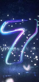 Glowing number 7 in neon light on a mystical night background.