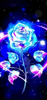 Neon blue rose wallpaper with vibrant colors and a dark background.