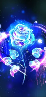 Vibrant neon rose with glowing petals and leaves on a dark background.