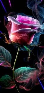 A glowing neon rose with vibrant colors on a black background.