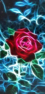 Neon red rose with glowing blue background.