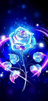 Glow of a neon blue rose with purple accents on a mobile wallpaper.