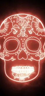 Glowing neon skull art on black background.