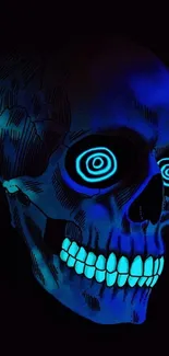 Vibrant neon blue skull with hypnotic spiral eyes on a dark background.