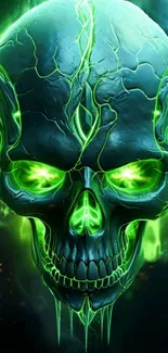 Glowing neon green skull with intricate design and eerie ambiance.