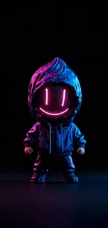 Neon smiley character in a hoodie with glowing effects on a dark background.