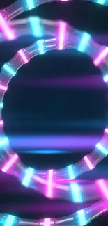 Neon spiral with glowing pink and blue lights on a dark background.