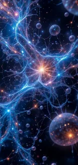Digital wallpaper featuring glowing neural network art.