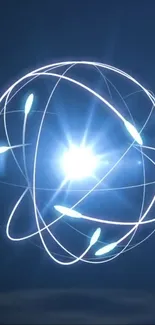 Futuristic glowing orb with blue light trails on a dark background.