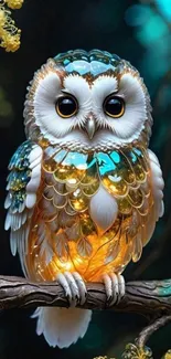 Luxurious glowing owl perched on a branch in a dark, mystical forest.