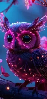 Glowing fantasy owl with vibrant flowers in a magical setting.
