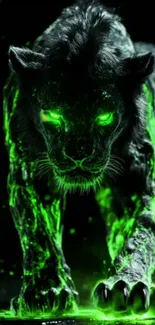 A glowing green panther prowling in darkness.