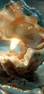 Glowing pearl inside an open ocean shell, casting a serene light.