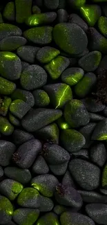 Dark pebbles with glowing green highlights wallpaper.