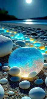 Glowing pebbles on a serene, moonlit beach at night.