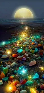 Glowing pebbles under moonlight on a beach.