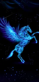 Glowing blue pegasus in night sky wallpaper.