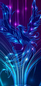 Glowing digital phoenix art in shades of blue and purple for mobile wallpaper.