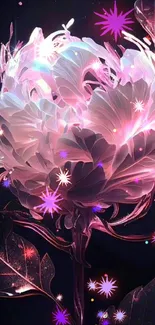 A glowing pink fantasy flower on a dark background.