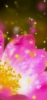 Glowing pink flower with yellow sparkles on a mobile wallpaper.