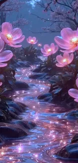 Glowing Pink Flowers On The Riverside Live Wallpaper