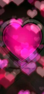 Vibrant glowing pink heart wallpaper with multiple heart shapes.