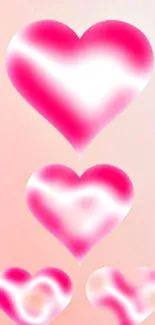 Mobile wallpaper with glowing pink hearts on a gradient background.