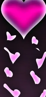 A dark wallpaper with glowing pink hearts and a romantic design.