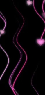 Mobile wallpaper with glowing pink hearts on a black background.