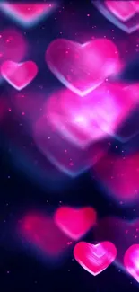 Mobile wallpaper with glowing pink hearts on a dark background.