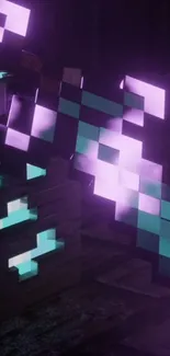 Pixelated sword in purple and teal glowing blocks.