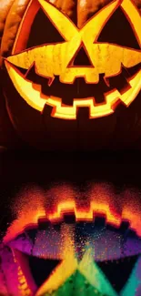 Glowing carved pumpkin with reflections and dark background, perfect for Halloween.