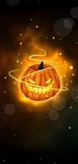 Glowing pumpkin with swirling orange light on dark background.