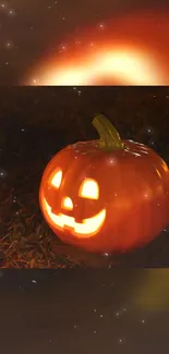 Glowing carved pumpkin in a dark, festive setting.