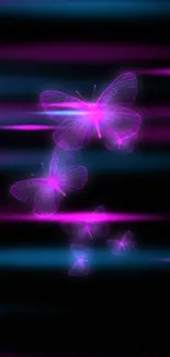 Glowing purple butterflies on black background mobile wallpaper.