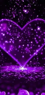 Glowing purple heart with stars and sparkles on a mobile wallpaper.